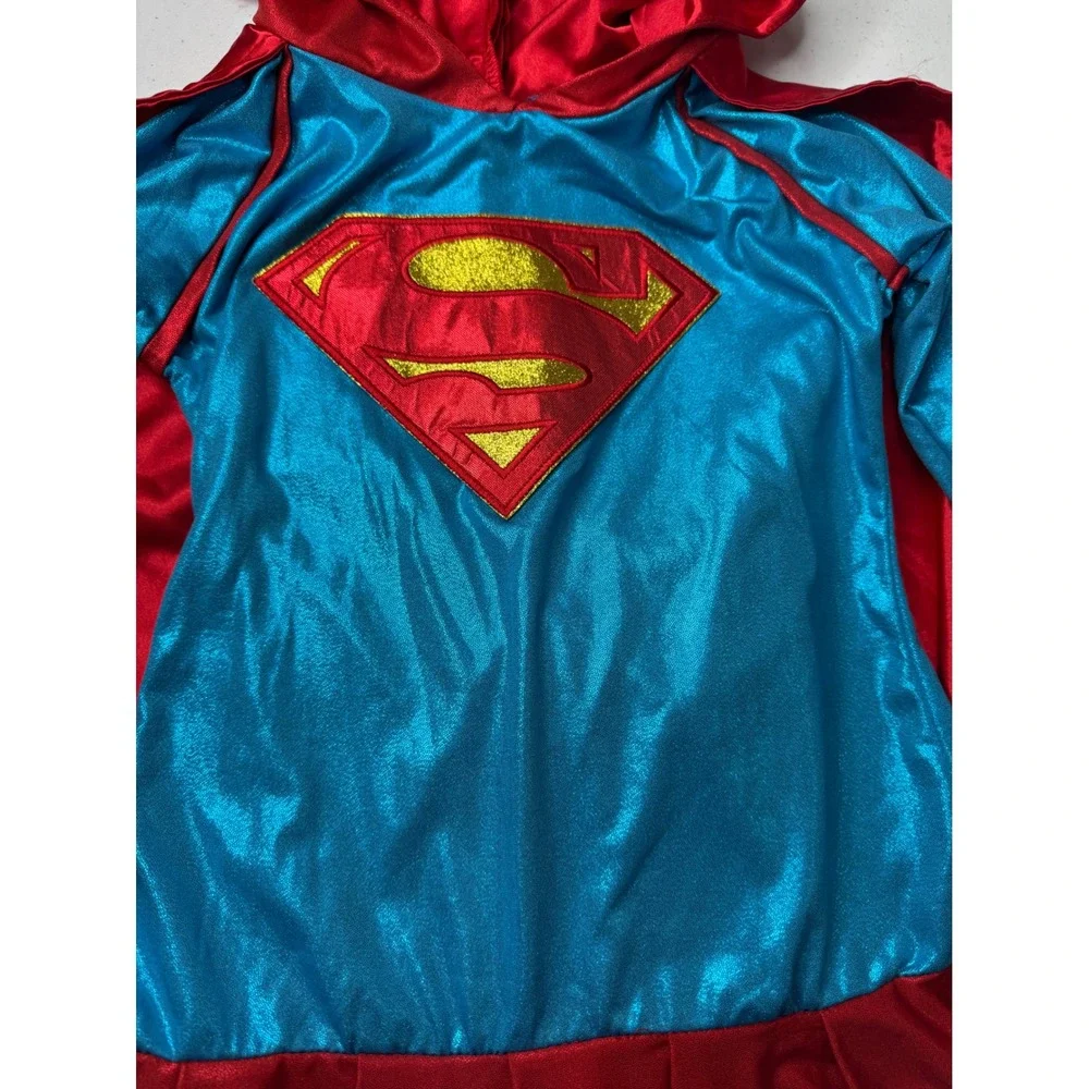 Supergirl Costume Dress with Attached Hooded Cape Blue Red Girls Superhero